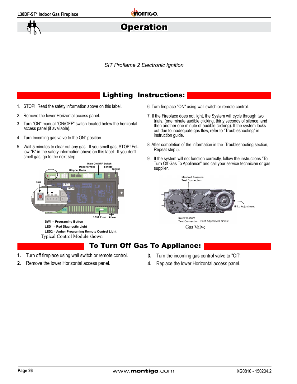Sit proflame 2 electronic ignition, Operation, Lighting instructions | Montigo L38DF-ST User Manual | Page 26 / 34