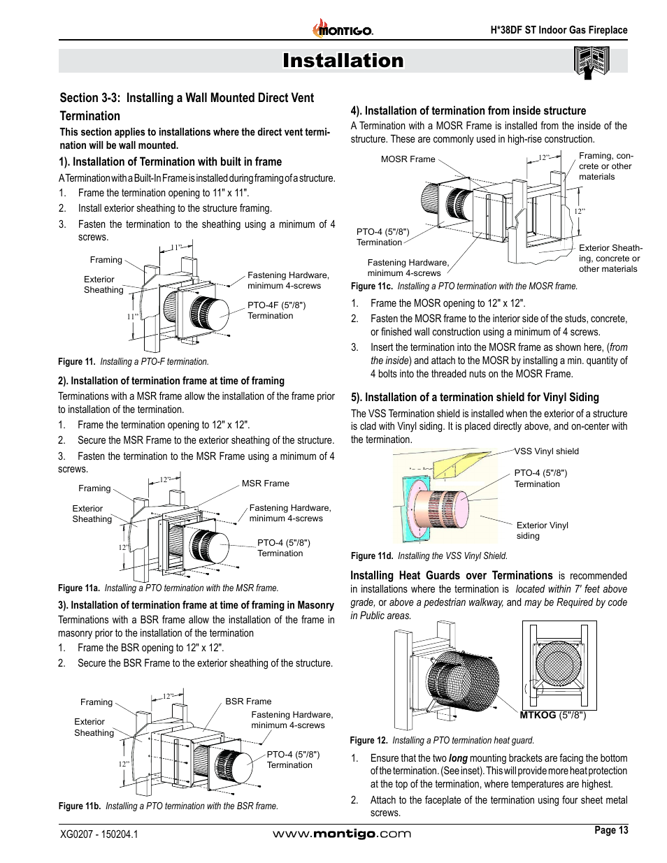 Section 3-3: installing a wall mounted direct vent, Termination, Installation | Installing heat guards over terminations | Montigo H38DF ST User Manual | Page 13 / 38