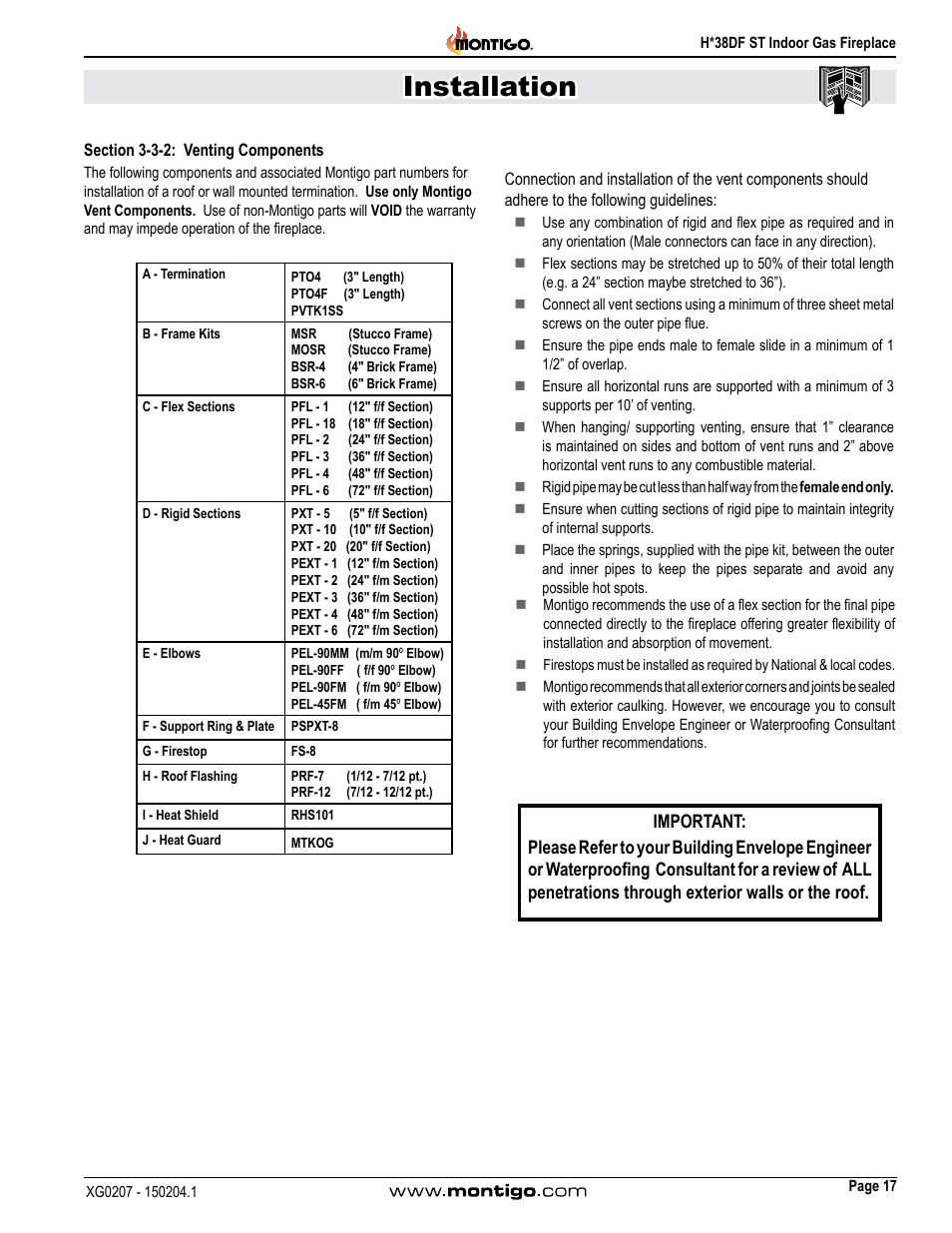 Section 3-3-2: venting components, Installation | Montigo H38DF ST User Manual | Page 17 / 38