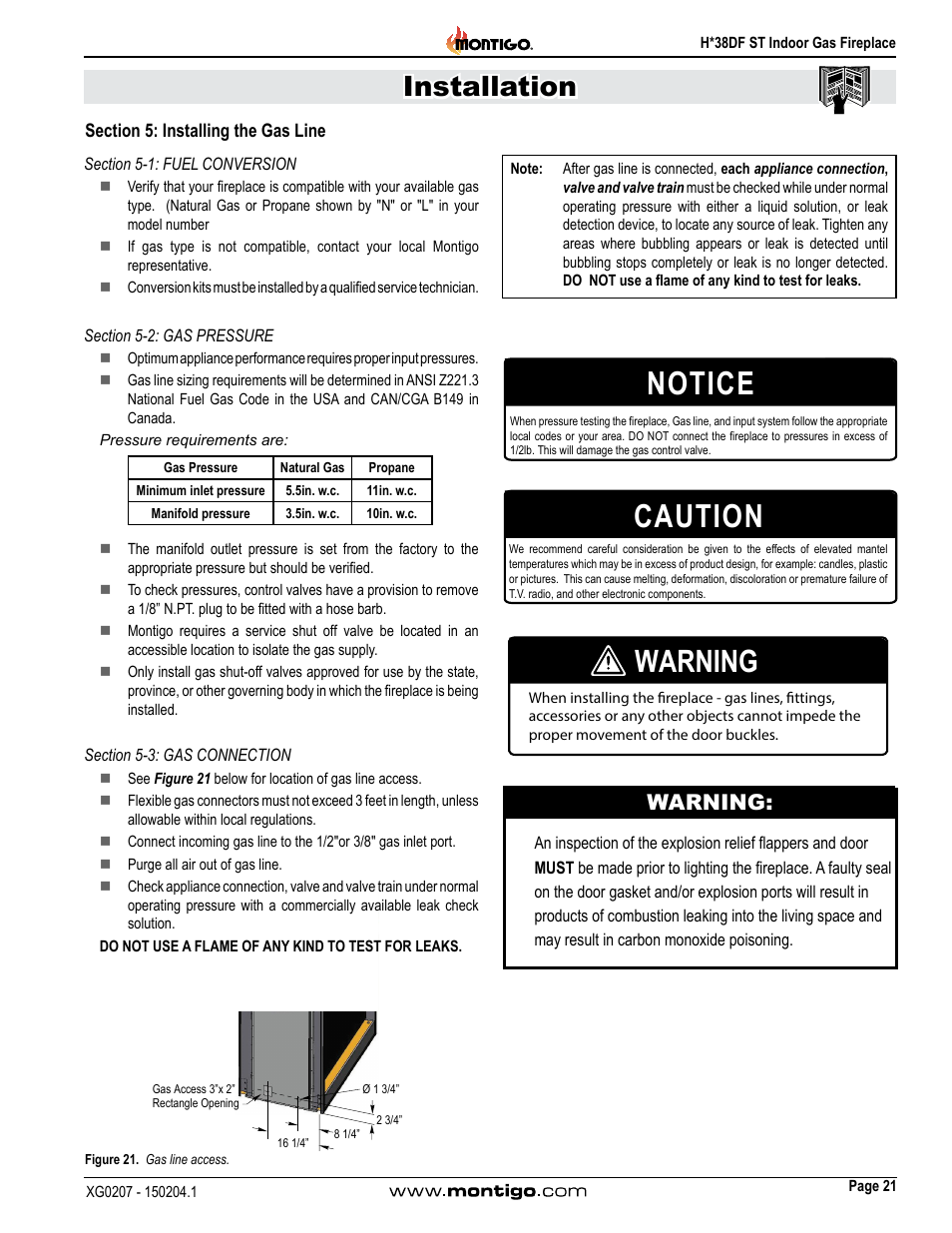 Section 5: installing the gas line, Section 5-1: fuel conversion, Section 5-2: gas pressure | Section 5-3: gas connection, Caution, Notice, Warning, Installation | Montigo H38DF ST User Manual | Page 21 / 38