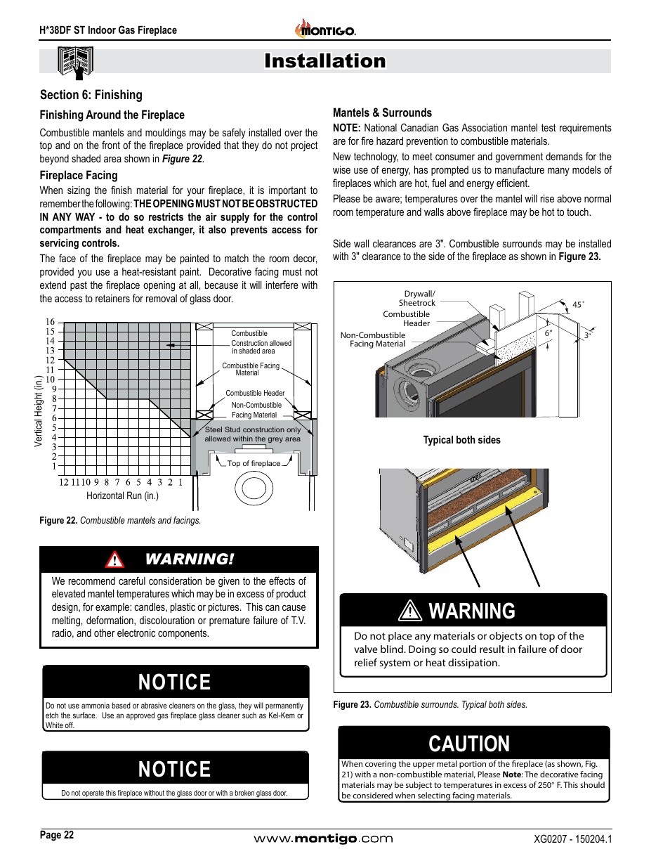 Section 6: finishing, Caution, Notice | Installation, Warning | Montigo H38DF ST User Manual | Page 22 / 38