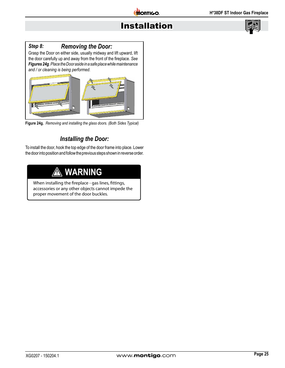 Warning, Installation, Installing the door | Removing the door | Montigo H38DF ST User Manual | Page 25 / 38