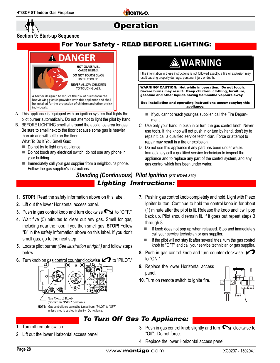 Section 9: start-up sequence, Warning, Operation | Standing (continuous) pilot ignition, Lighting instructions | Montigo H38DF ST User Manual | Page 28 / 38