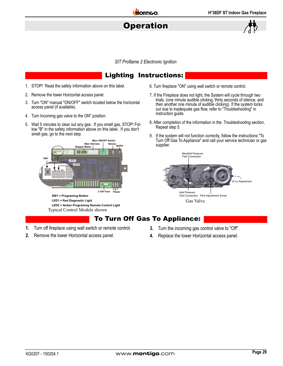 Sit proflame 2 electronic ignition, Operation, Lighting instructions | Montigo H38DF ST User Manual | Page 29 / 38