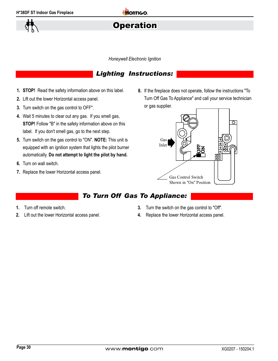 Honeywell electronic ignition, Operation | Montigo H38DF ST User Manual | Page 30 / 38