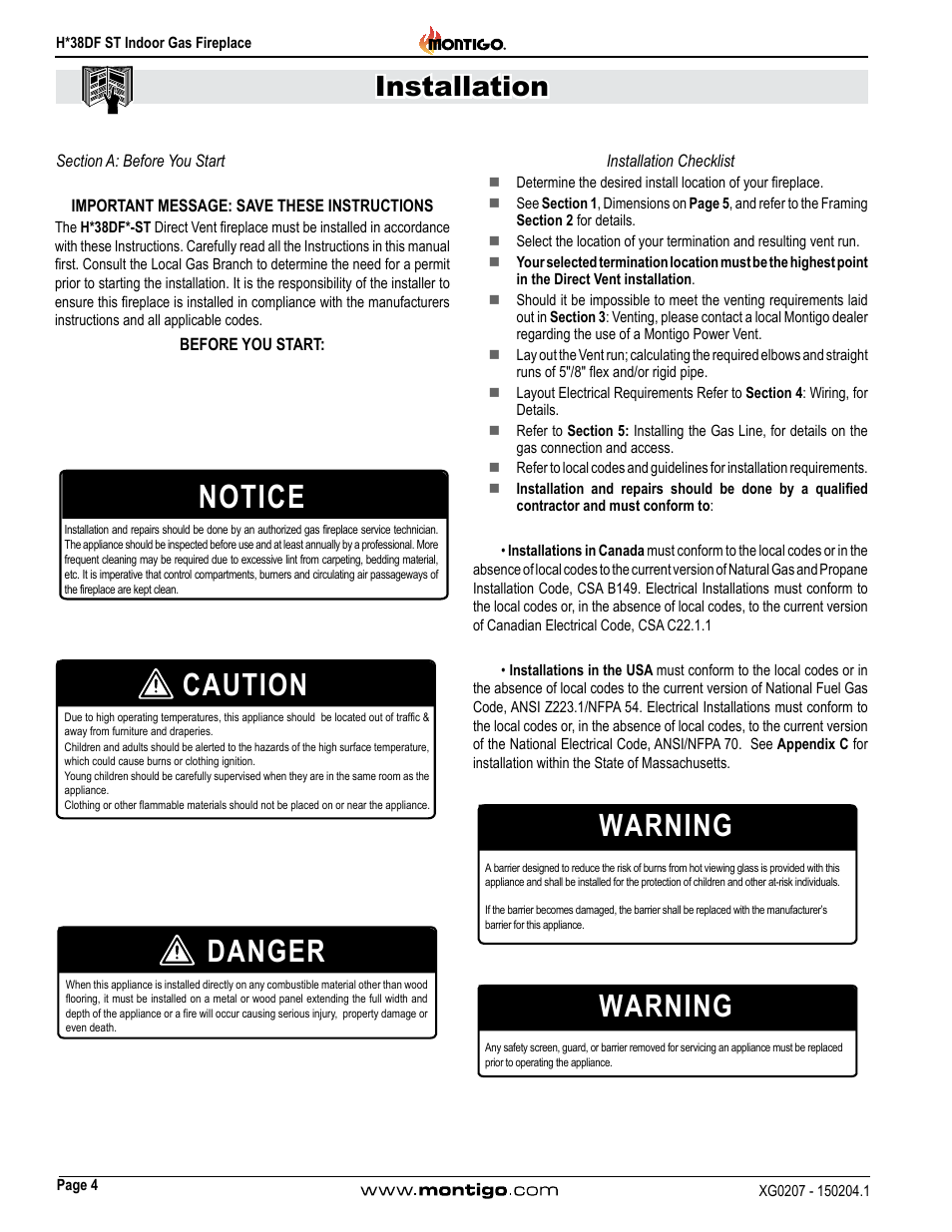 Section a: before you start, Installation checklist, Notice | Caution, Danger, Warning, Installation | Montigo H38DF ST User Manual | Page 4 / 38