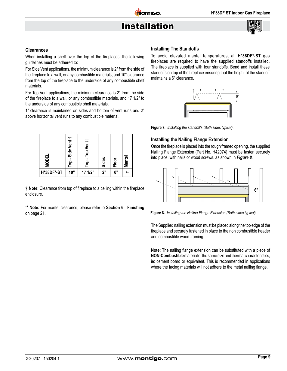 Clearances, Installation | Montigo H38DF ST User Manual | Page 9 / 38