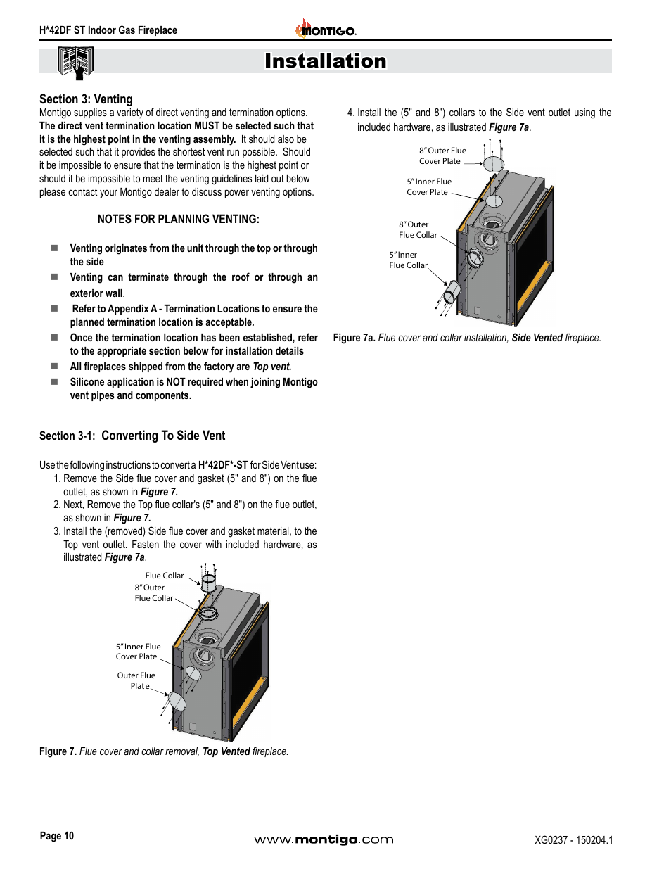 Section 3: venting, Section 3-1: converting to side vent, Section 3-1 | Converting to side vent, Installation | Montigo H42DF ST User Manual | Page 10 / 36