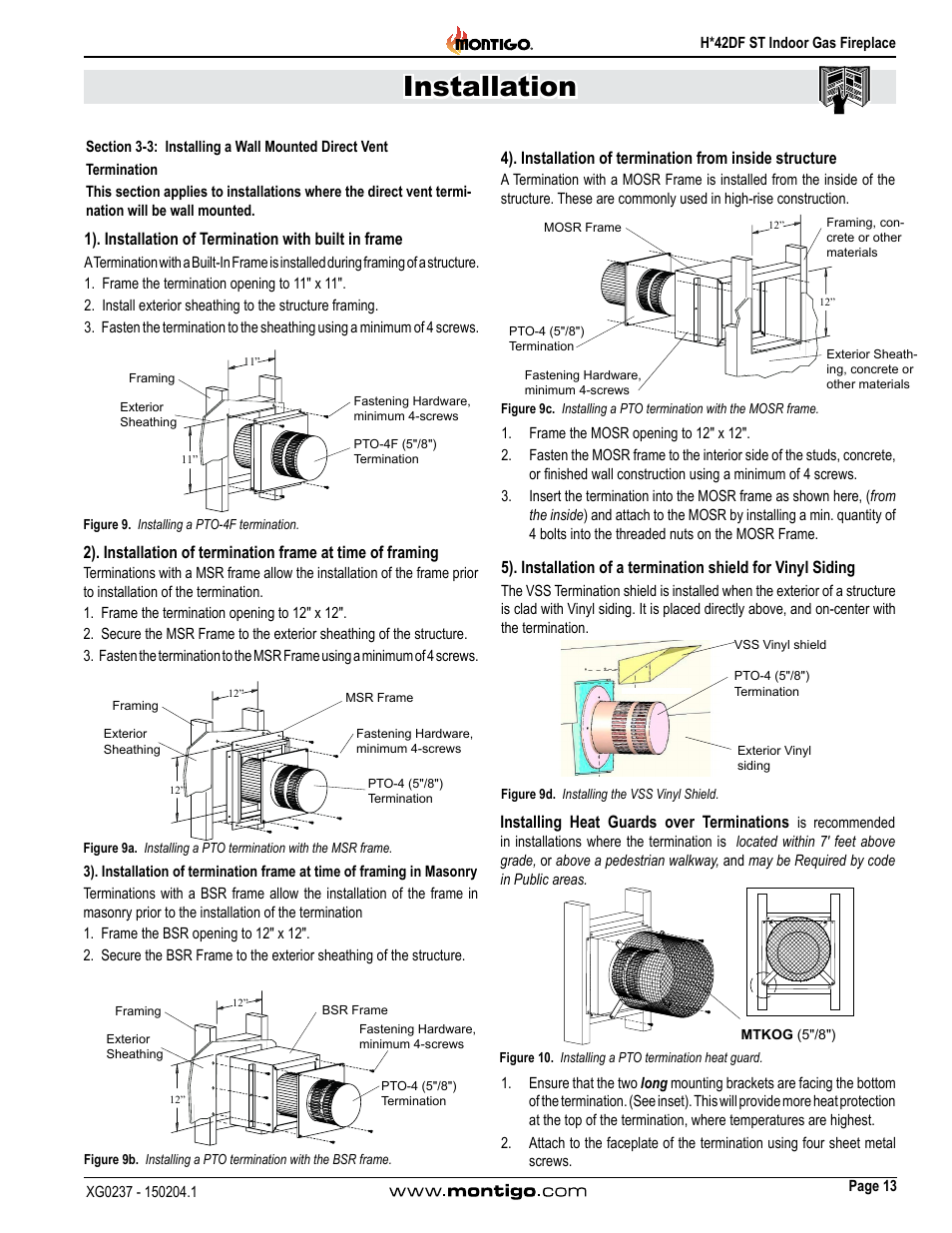 Section 3-3: installing a wall mounted direct vent, Termination, Installation | Installing heat guards over terminations | Montigo H42DF ST User Manual | Page 13 / 36