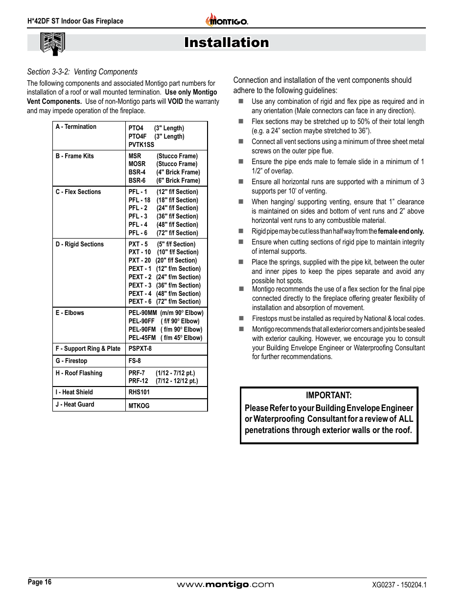 Section 3-3-2: venting components, Installation | Montigo H42DF ST User Manual | Page 16 / 36