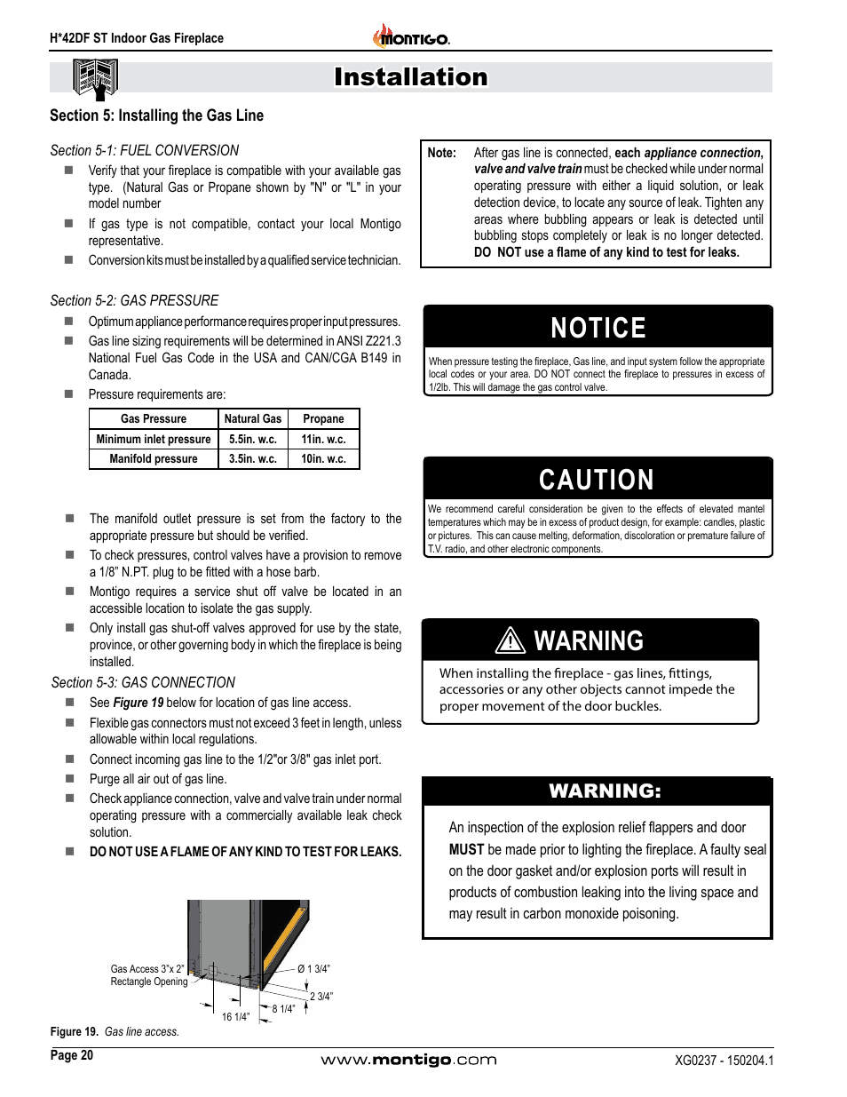 Section 5: installing the gas line, Section 5-1: fuel conversion, Section 5-2: gas pressure | Section 5-3: gas connection, Caution, Notice, Installation, Warning | Montigo H42DF ST User Manual | Page 20 / 36