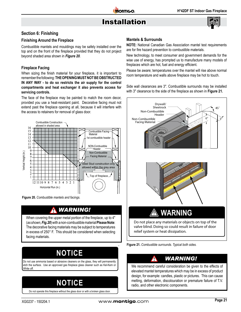 Section 6: finishing, Notice, Installation | Warning | Montigo H42DF ST User Manual | Page 21 / 36