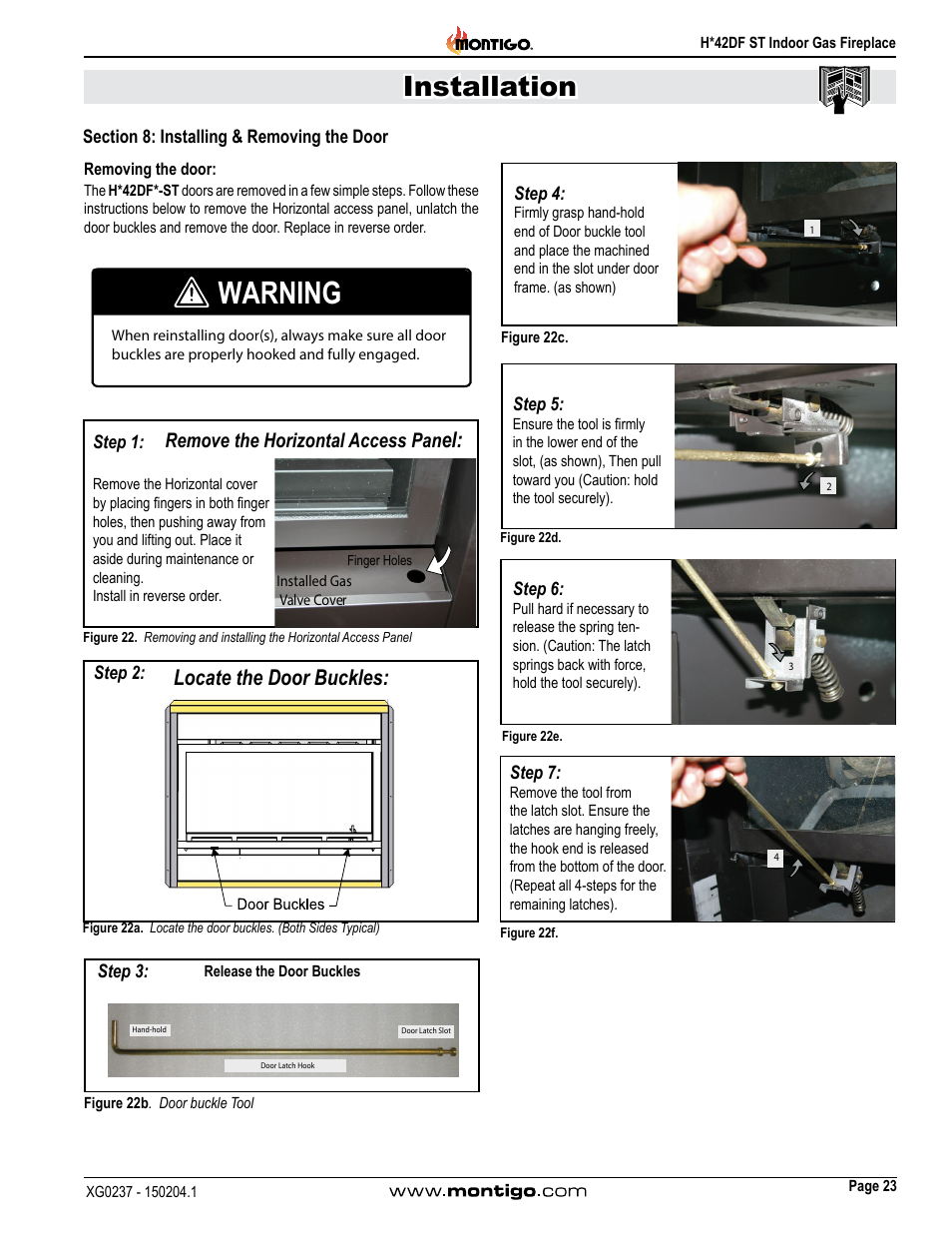 Section 8: installing & removing the door, Warning, Installation | Locate the door buckles, Remove the horizontal access pan | Montigo H42DF ST User Manual | Page 23 / 36