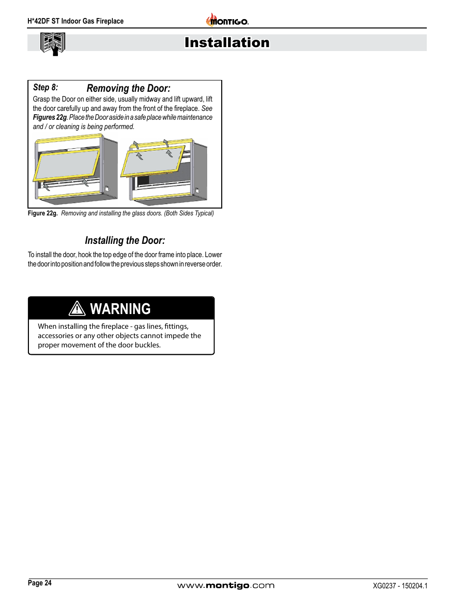 Warning, Installation, Installing the door | Removing the door | Montigo H42DF ST User Manual | Page 24 / 36