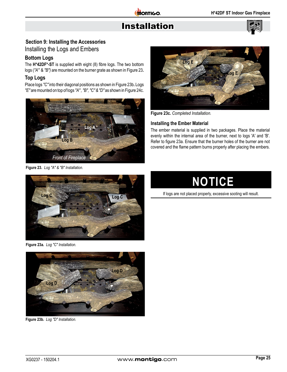 Section 9: installing the accessories, Notice, Installation | Installing the logs and embers | Montigo H42DF ST User Manual | Page 25 / 36