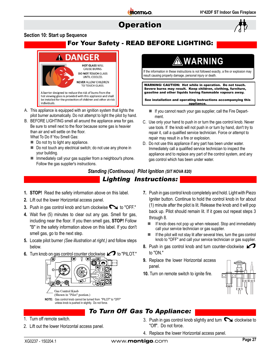 Section 10: start up sequence, Warning, Operation | Lighting instructions | Montigo H42DF ST User Manual | Page 27 / 36