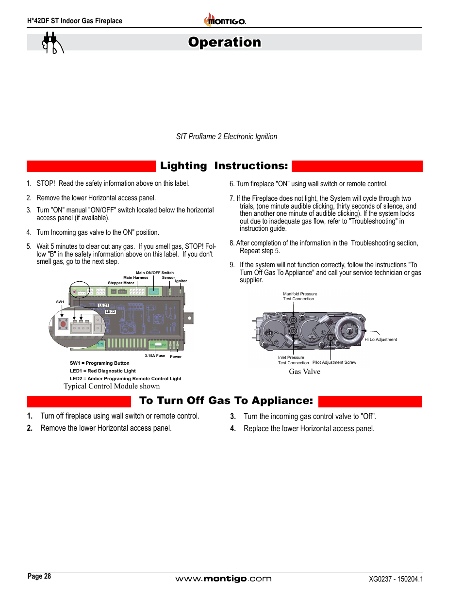 Sit proflame 2 electronic ignition, Operation, Lighting instructions | Montigo H42DF ST User Manual | Page 28 / 36