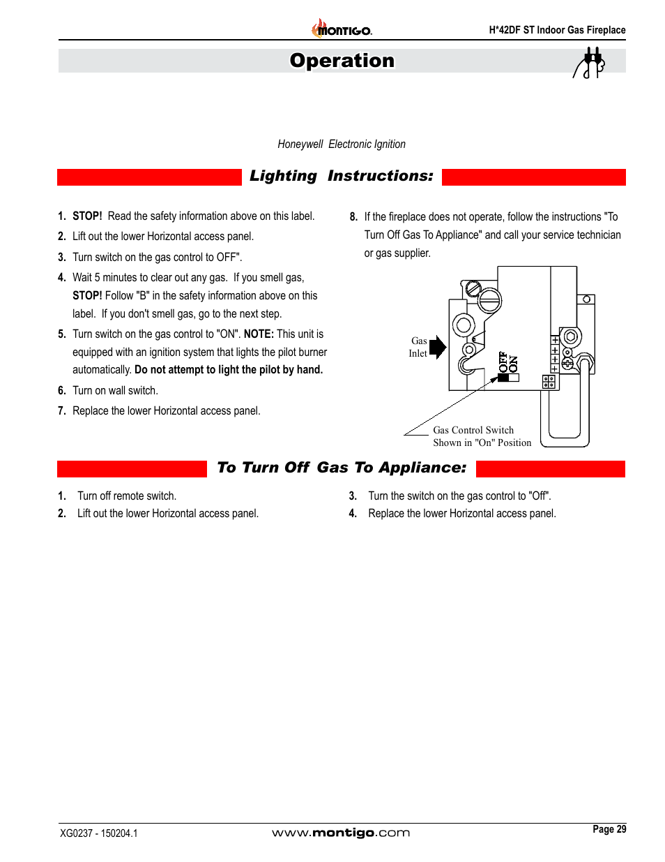 Honeywell electronic ignition, Operation | Montigo H42DF ST User Manual | Page 29 / 36