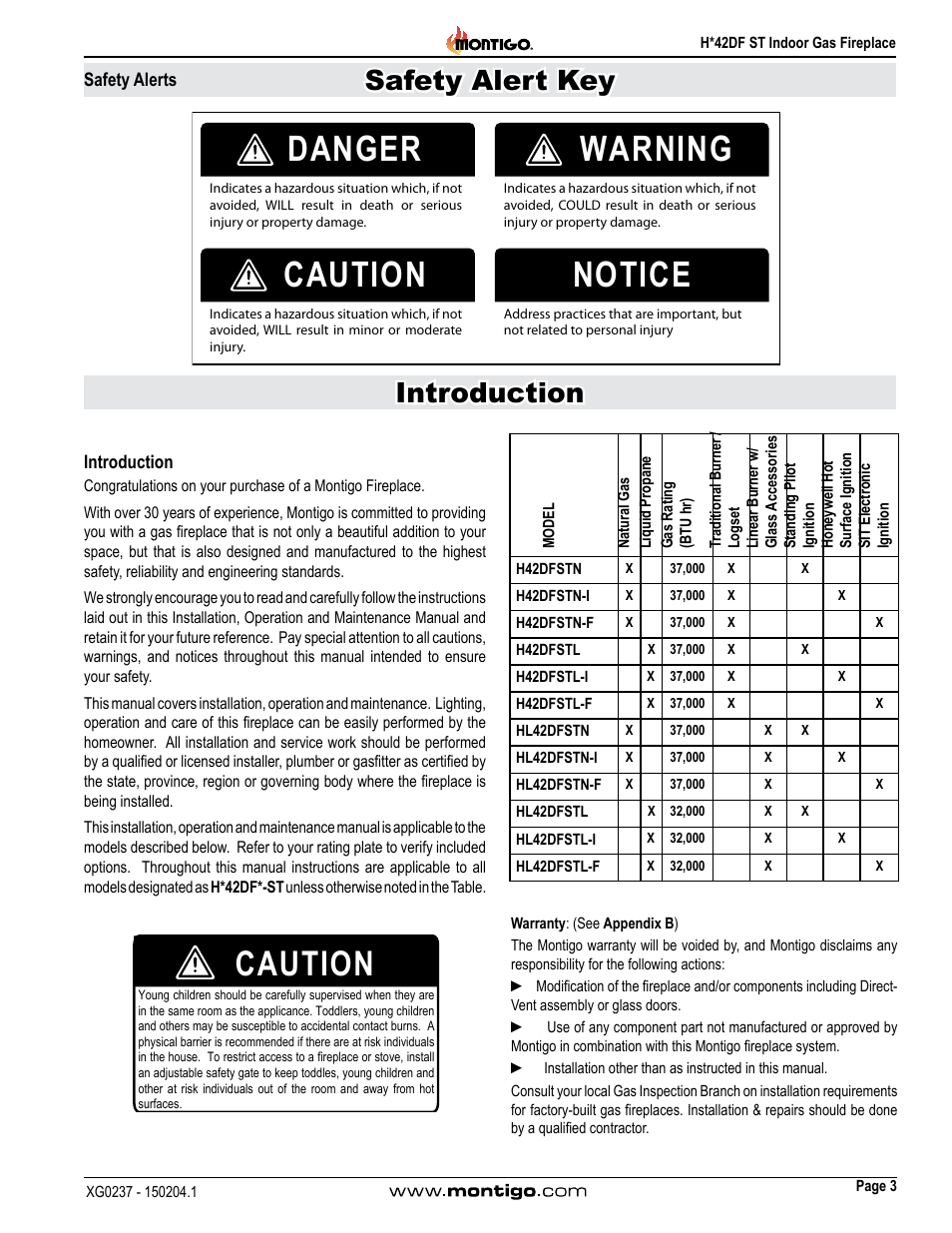 Safety alerts, Introduction, Danger warning caution notice | Caution, Safety alert key introduction | Montigo H42DF ST User Manual | Page 3 / 36