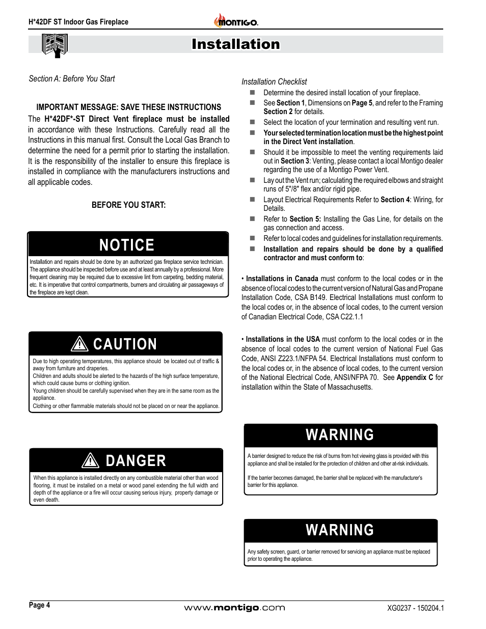 Section a: before you start, Installation checklist, Notice | Caution, Danger warning, Warning, Installation | Montigo H42DF ST User Manual | Page 4 / 36