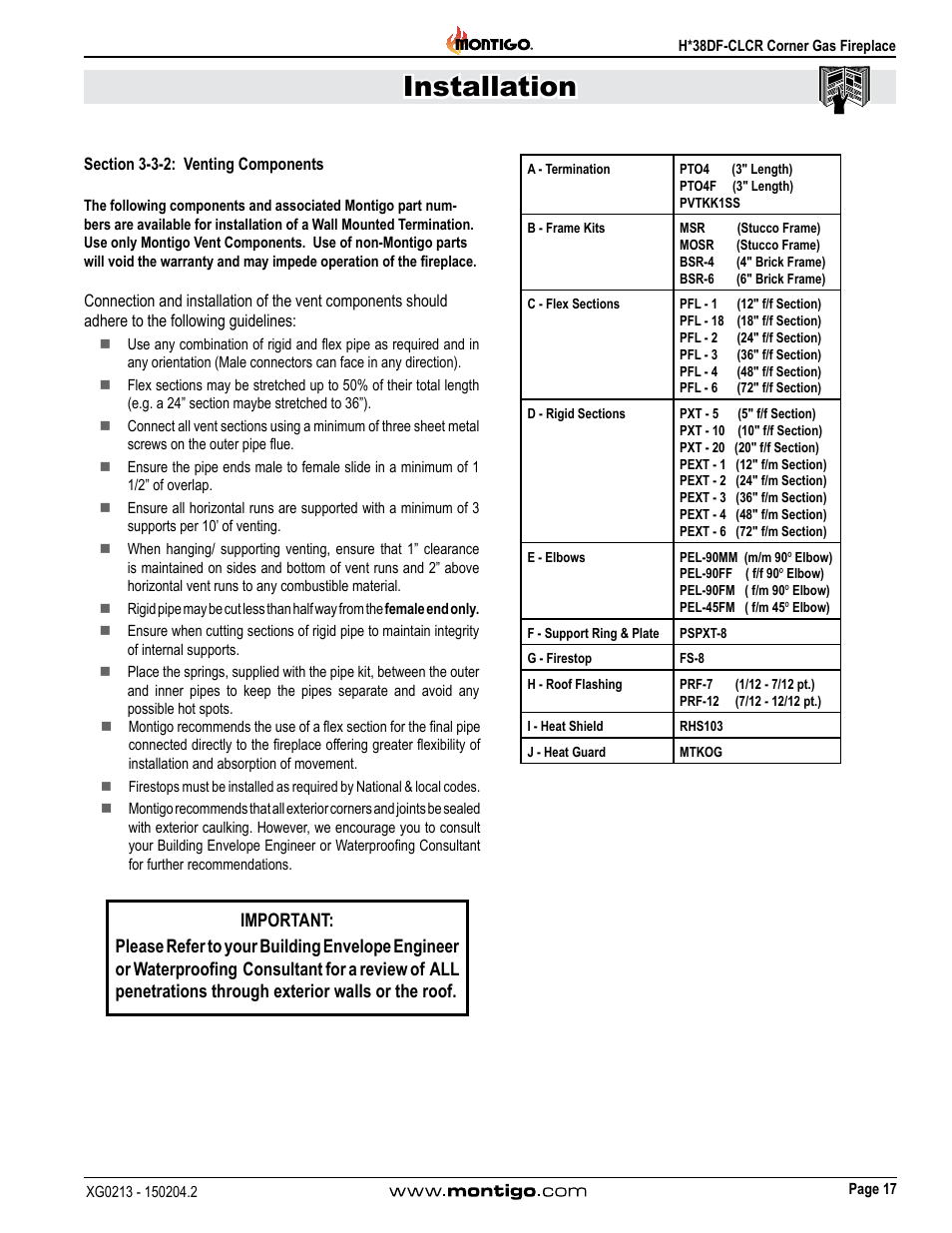 Section 3-3-2: venting components, Installation | Montigo H38DF-CLCR User Manual | Page 17 / 38