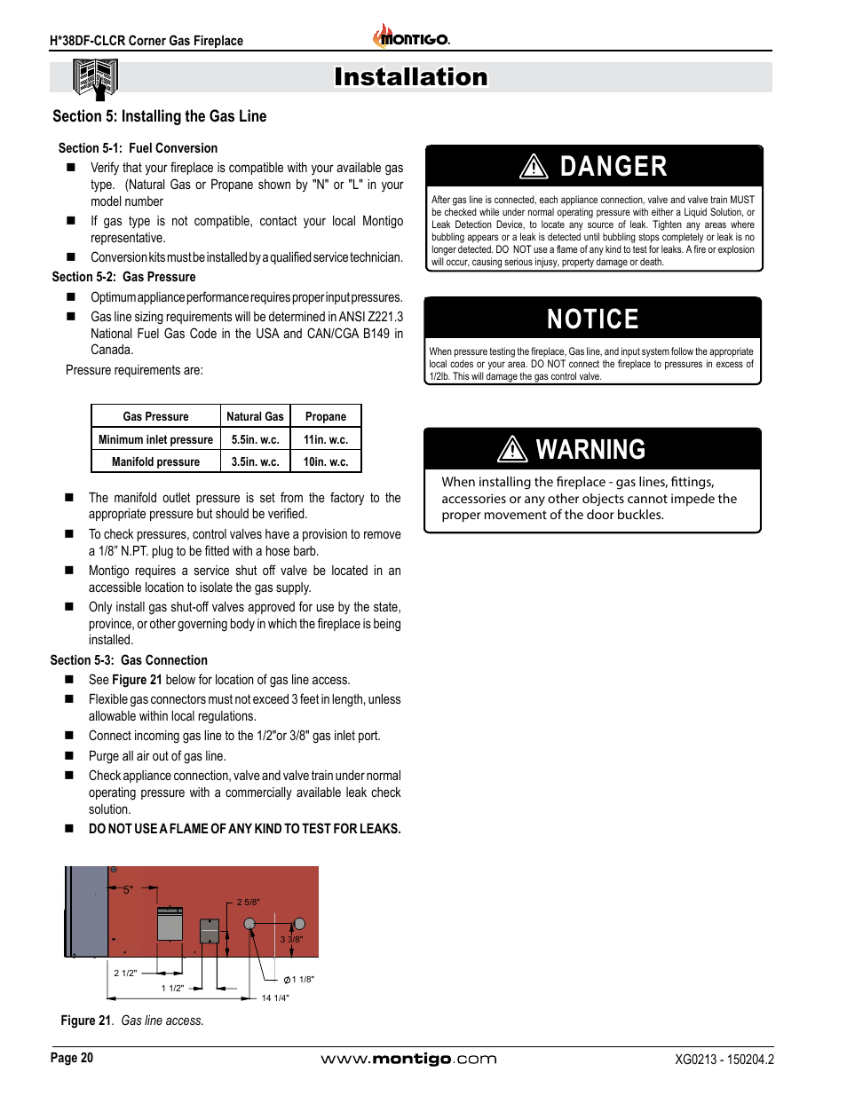 Danger, Notice, Warning | Installation | Montigo H38DF-CLCR User Manual | Page 20 / 38