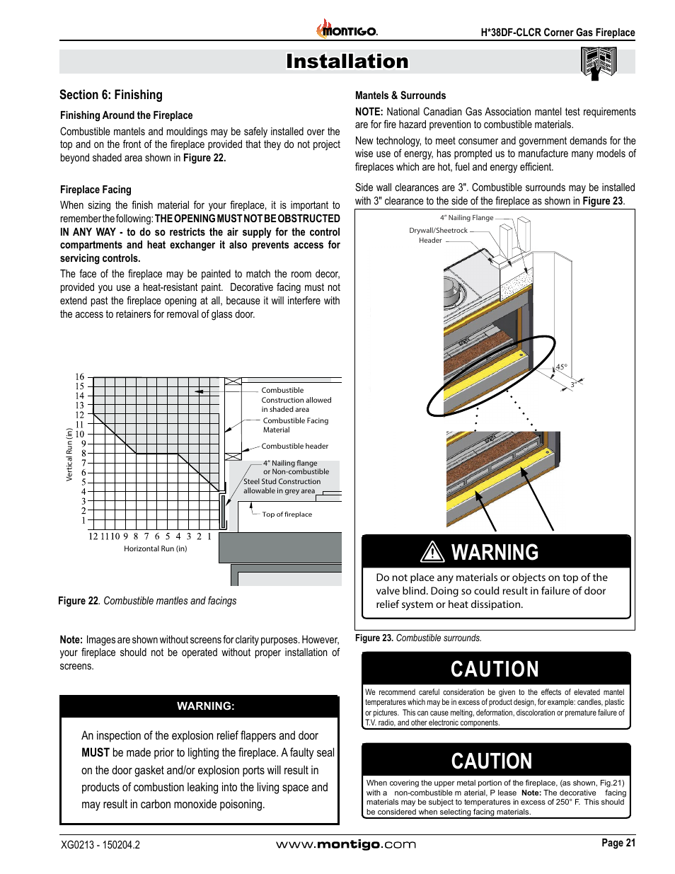 Caution, Warning, Installation | Montigo H38DF-CLCR User Manual | Page 21 / 38