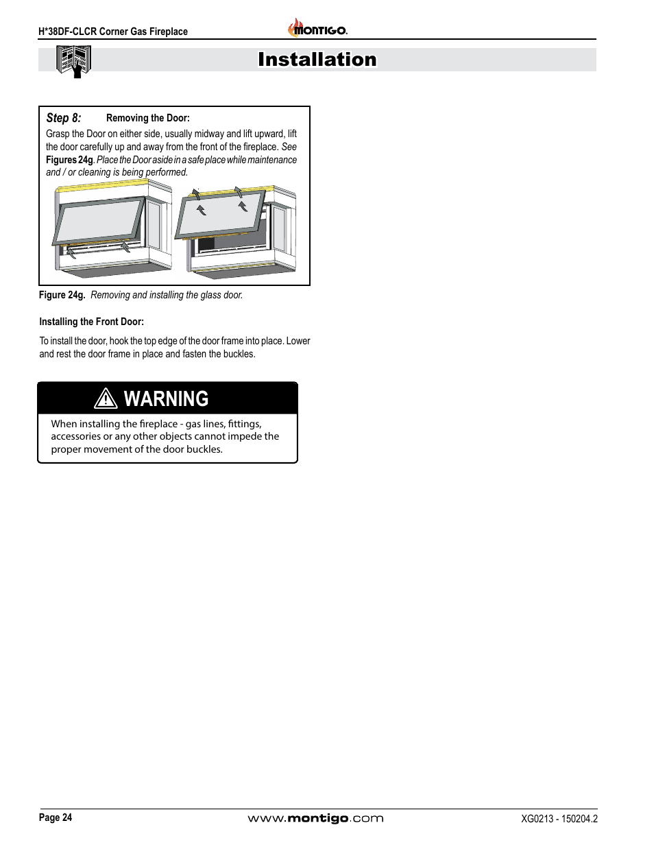 Warning, Installation | Montigo H38DF-CLCR User Manual | Page 24 / 38