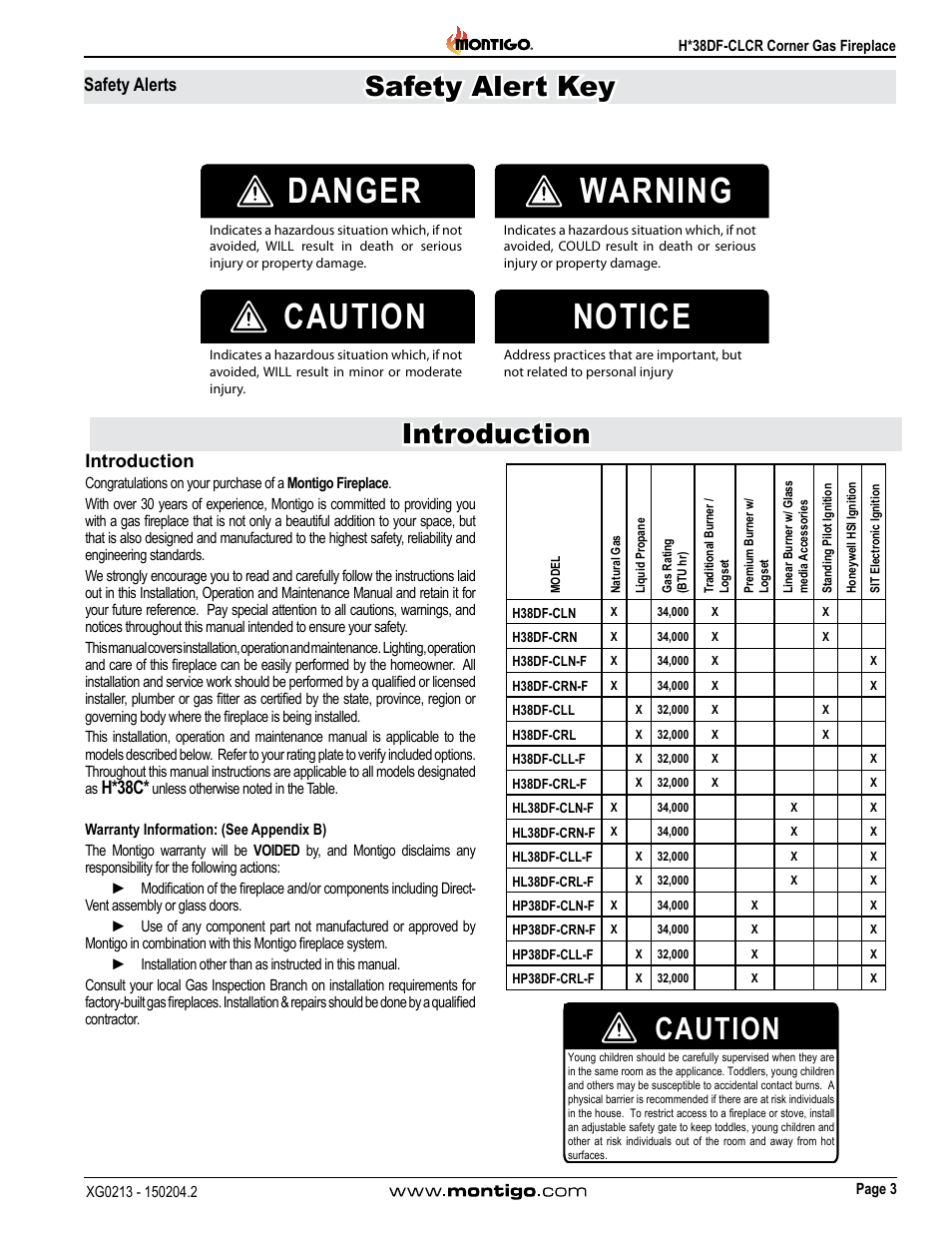 Danger warning caution notice, Caution, Safety alert key introduction | Introduction, H*38c, Safety alerts | Montigo H38DF-CLCR User Manual | Page 3 / 38