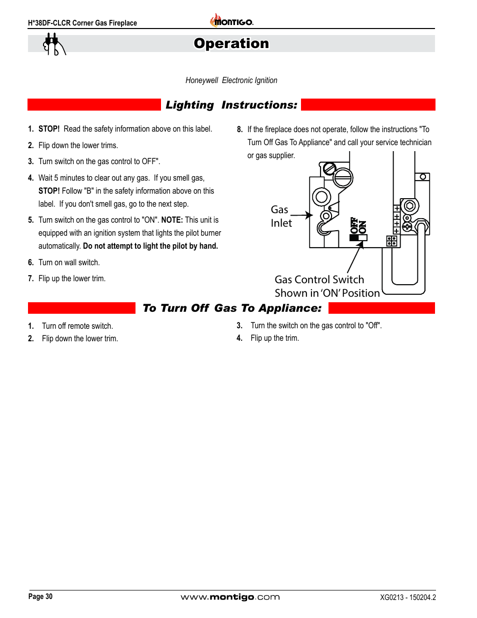 Honeywell electronic ignition, Operation | Montigo H38DF-CLCR User Manual | Page 30 / 38