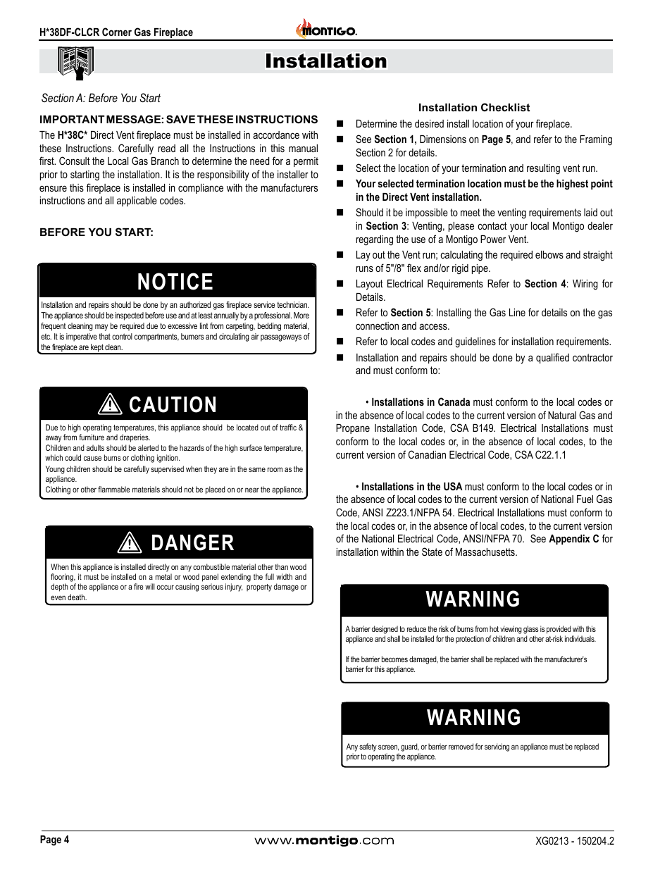 Section a: before you start, Notice, Caution | Danger warning, Warning, Installation | Montigo H38DF-CLCR User Manual | Page 4 / 38