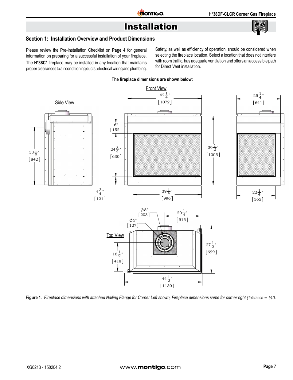 Installation, Front view side view top view | Montigo H38DF-CLCR User Manual | Page 7 / 38