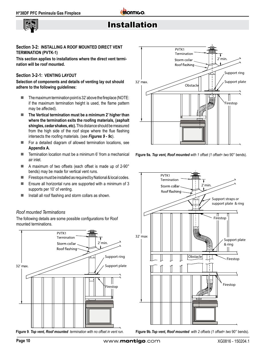 Section 3-2-1: venting layout, Roof mounted terminations, Section 3-2 | Installing a roof mounted direct vent, Installation | Montigo H38DF PFC User Manual | Page 10 / 38