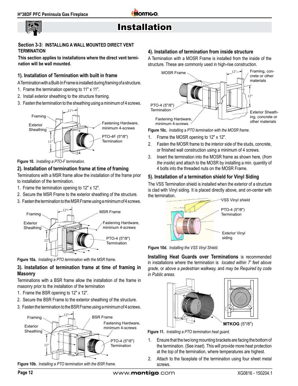 Section 3-3, Installing a wall mounted direct vent, Installation | Montigo H38DF PFC User Manual | Page 12 / 38