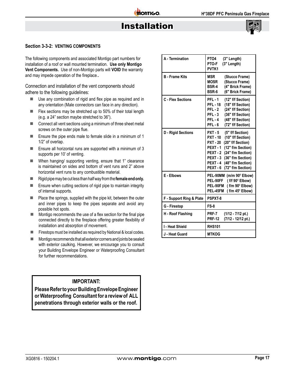Section 3-3-2: venting components, Section 3-3-2, Venting components | Installation | Montigo H38DF PFC User Manual | Page 17 / 38