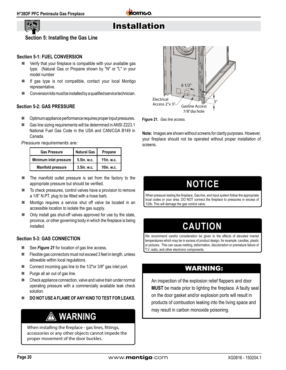 Section 5-1: fuel conversion, Section 5-2: gas pressure, Section 5-3: gas connection | Section 5: installing the gas line, Caution, Notice, Installation, Warning | Montigo H38DF PFC User Manual | Page 20 / 38