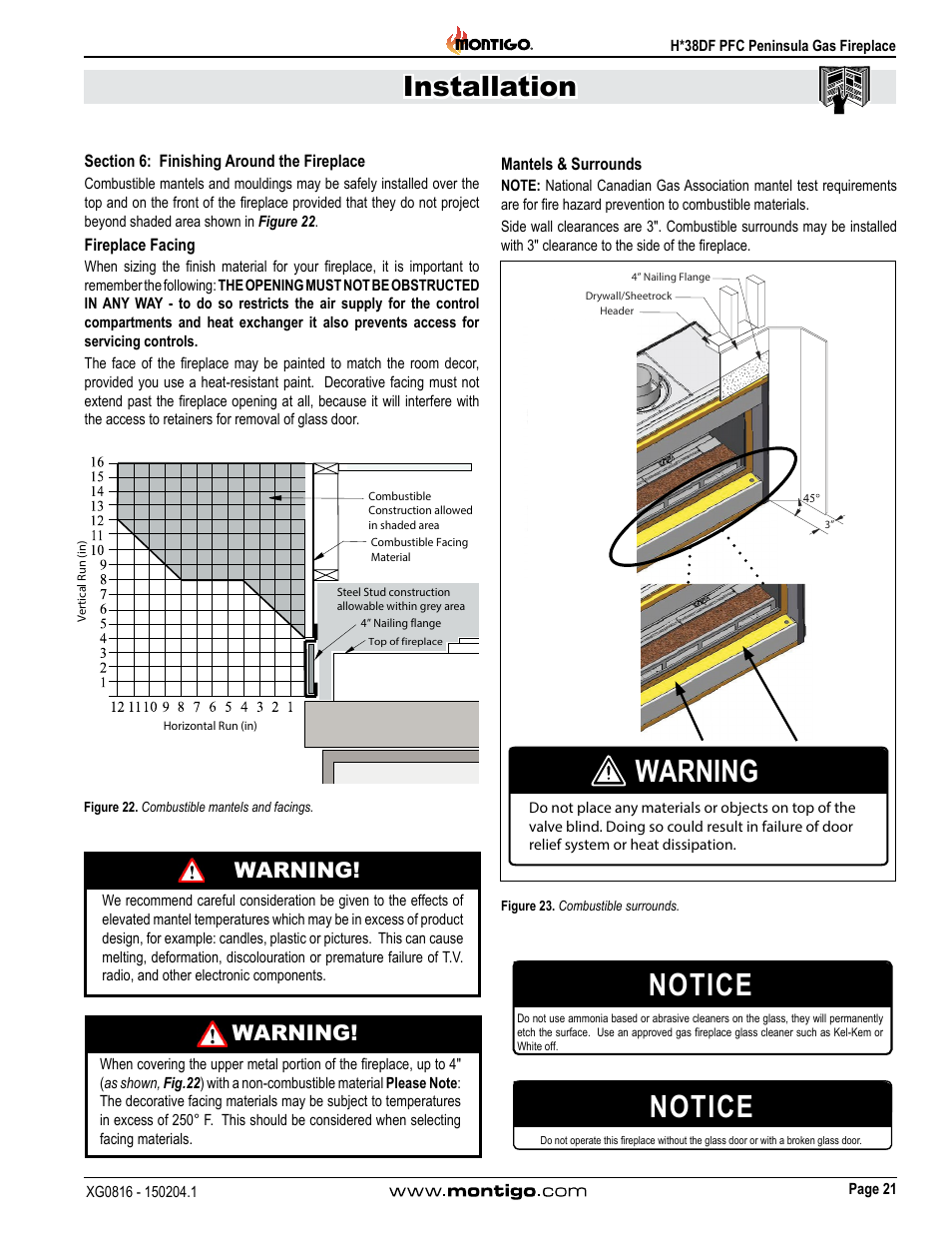 Section 6: finishing around the fireplace, Notice, Installation | Warning | Montigo H38DF PFC User Manual | Page 21 / 38