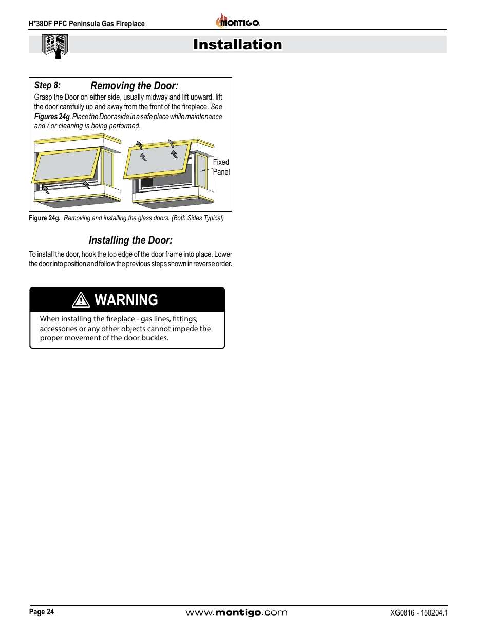 Warning, Installation, Installing the door | Removing the door | Montigo H38DF PFC User Manual | Page 24 / 38