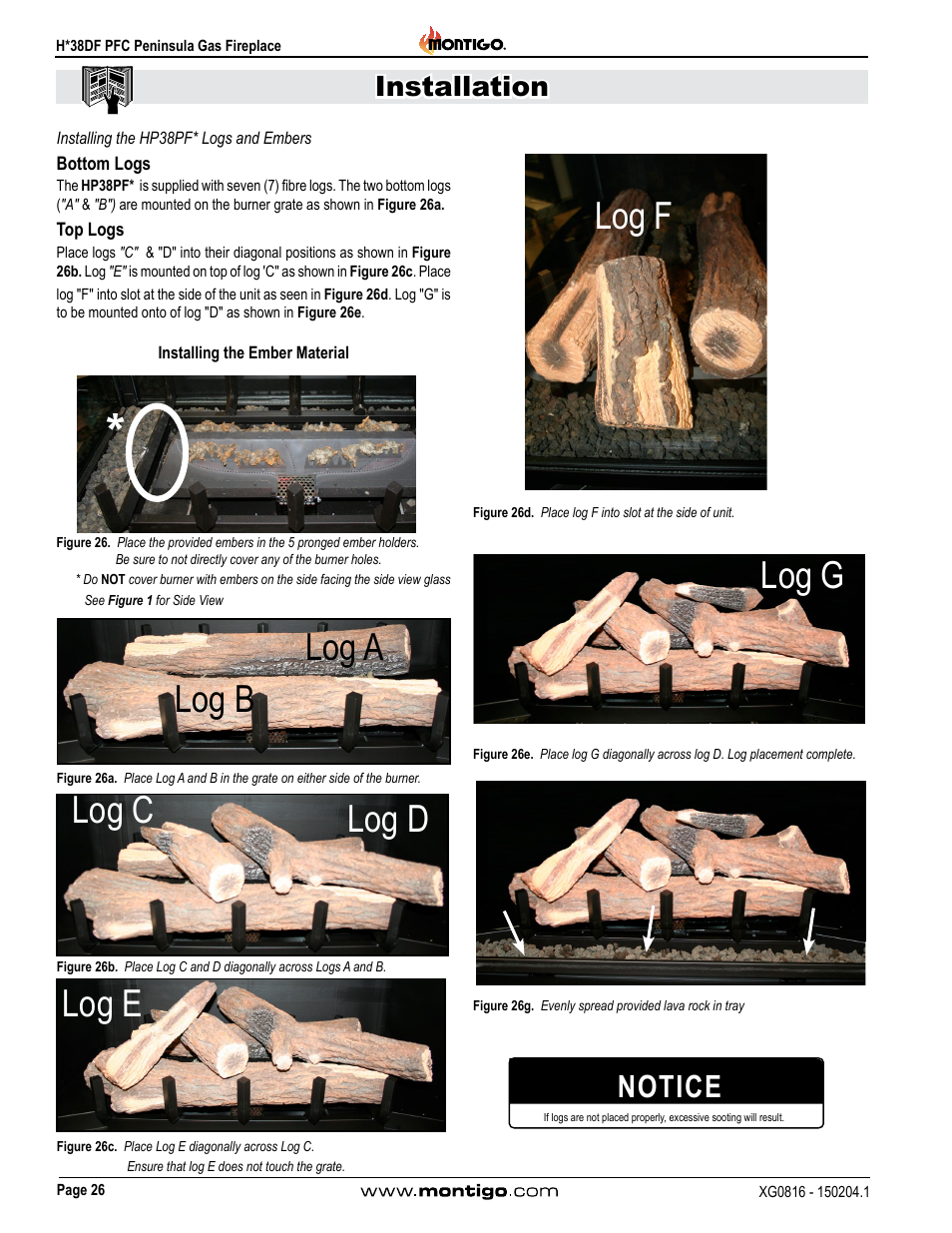Installing the hp38pf* logs and embers, Log a log b log d log c, Log e | Log f, Log g, Log f log g, Notice, Installation | Montigo H38DF PFC User Manual | Page 26 / 38