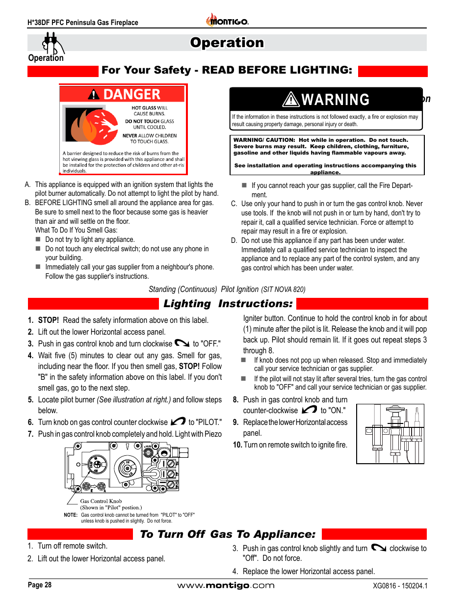 Operation, Standing (continuous) pilot ignition, Sit nova 820) | Warning, Lighting instructions | Montigo H38DF PFC User Manual | Page 28 / 38