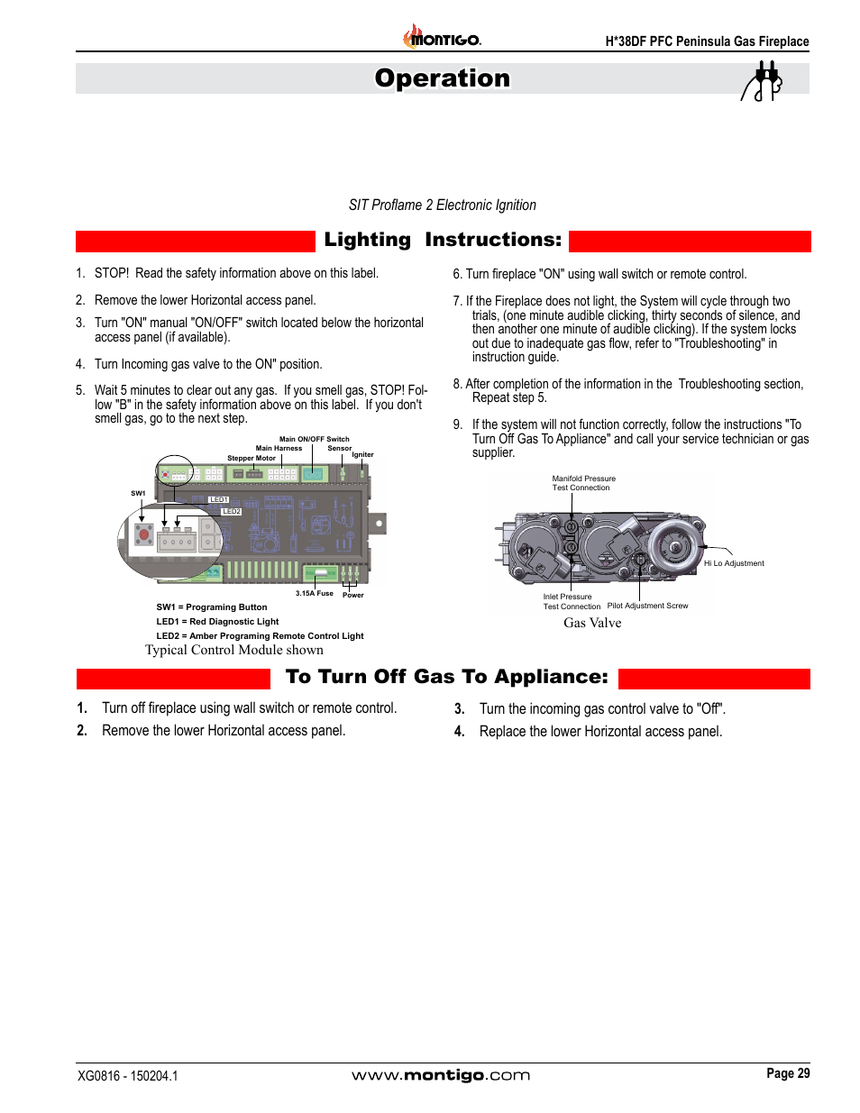 Sit proflame 2 electronic ignition, Operation, Lighting instructions | Montigo H38DF PFC User Manual | Page 29 / 38