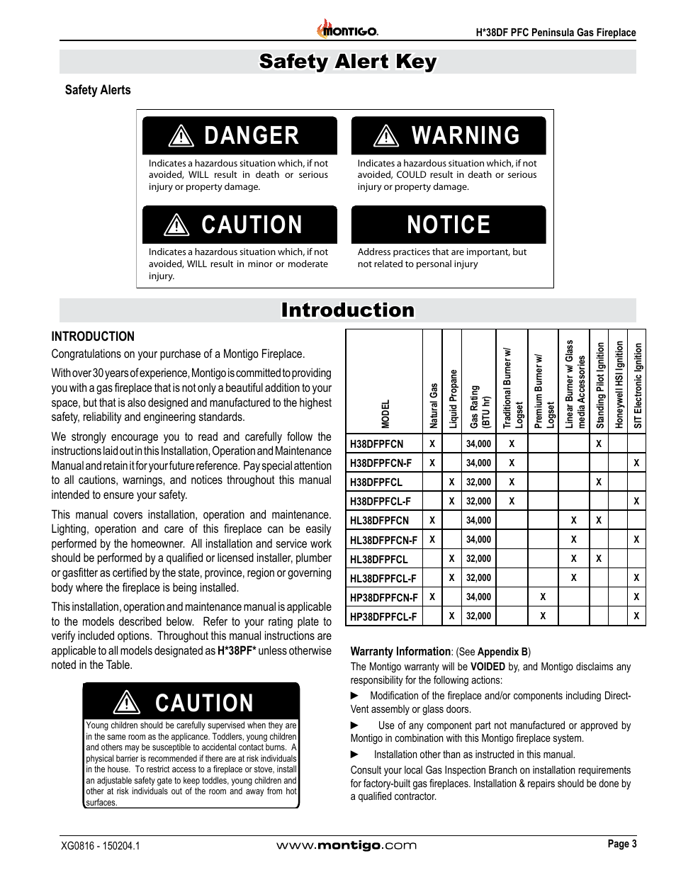 Introduction, Safety alerts, Danger warning caution notice | Caution, Safety alert key introduction | Montigo H38DF PFC User Manual | Page 3 / 38