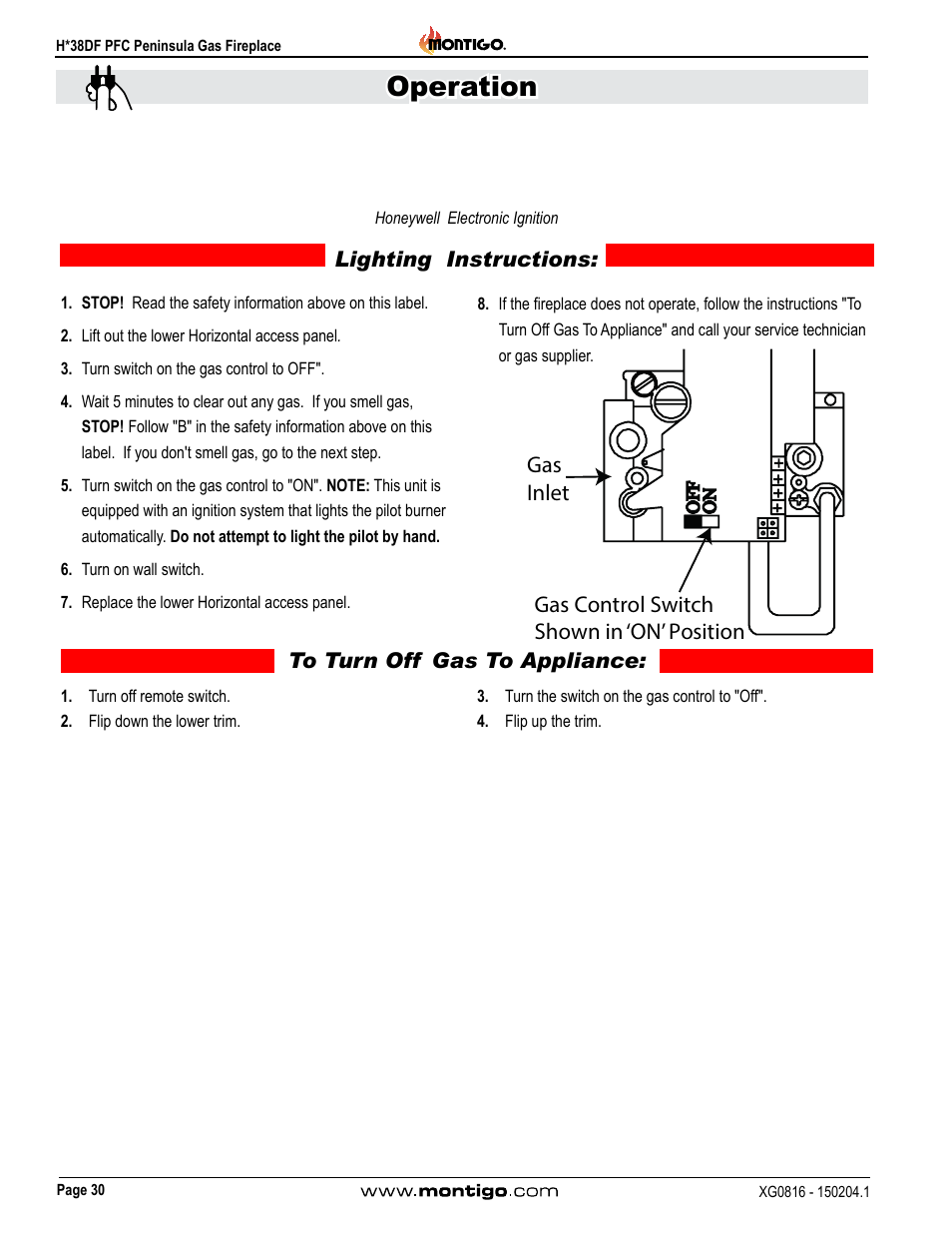 Honeywell electronic ignition, Operation | Montigo H38DF PFC User Manual | Page 30 / 38