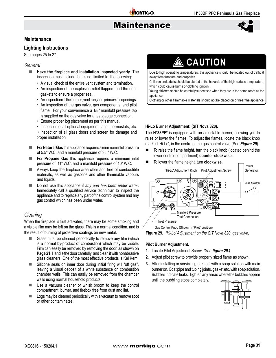 Maintenance, General, Cleaning | Hi-lo burner adjustment: (sit nova 820), Pilot burner adjustment, General cleaning, Caution | Montigo H38DF PFC User Manual | Page 31 / 38