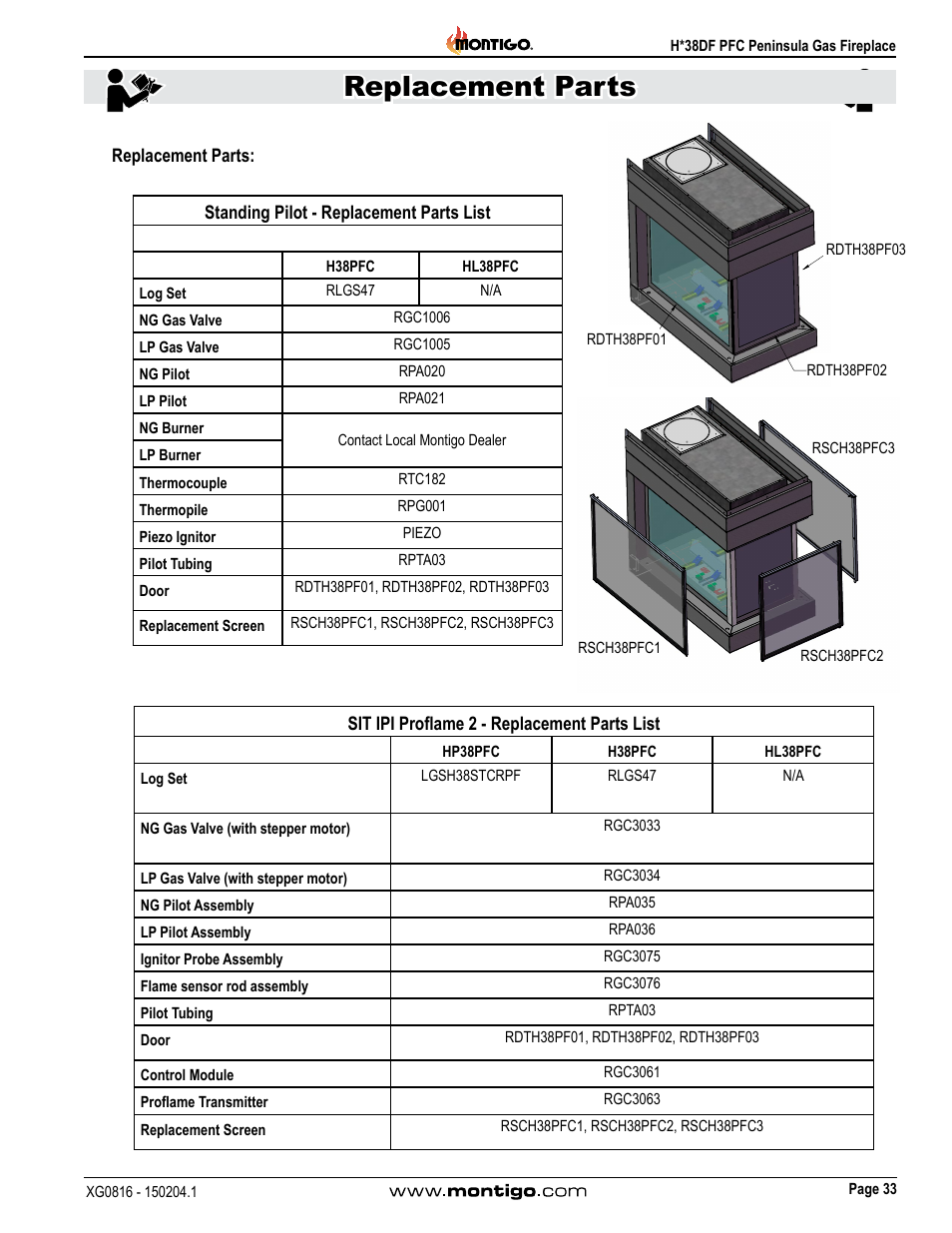 Replacement parts, Maintenance replacement parts, Standing pilot - replacement parts list | Montigo H38DF PFC User Manual | Page 33 / 38