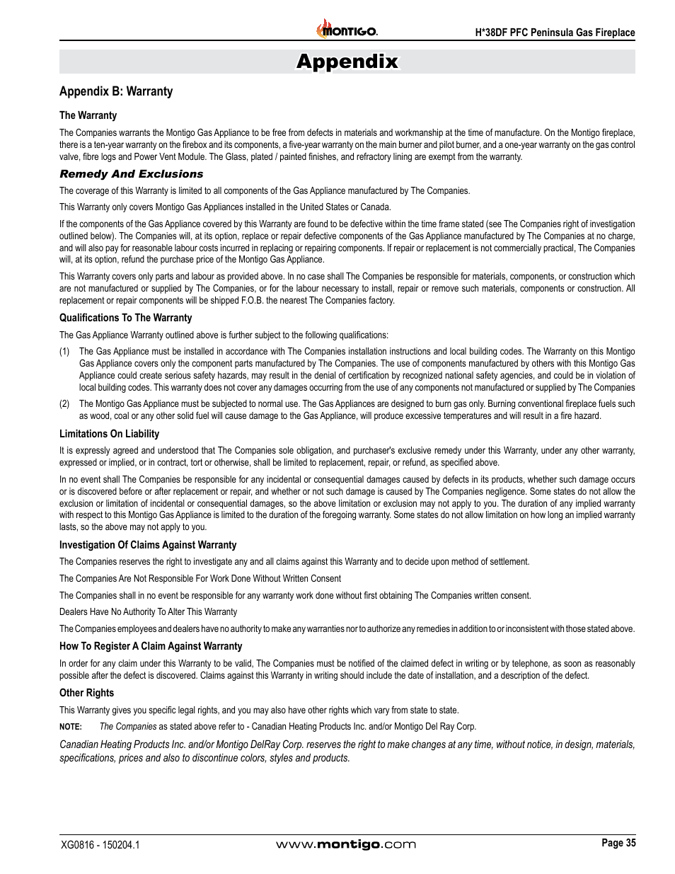 Appendix b: warranty, Appendix | Montigo H38DF PFC User Manual | Page 35 / 38