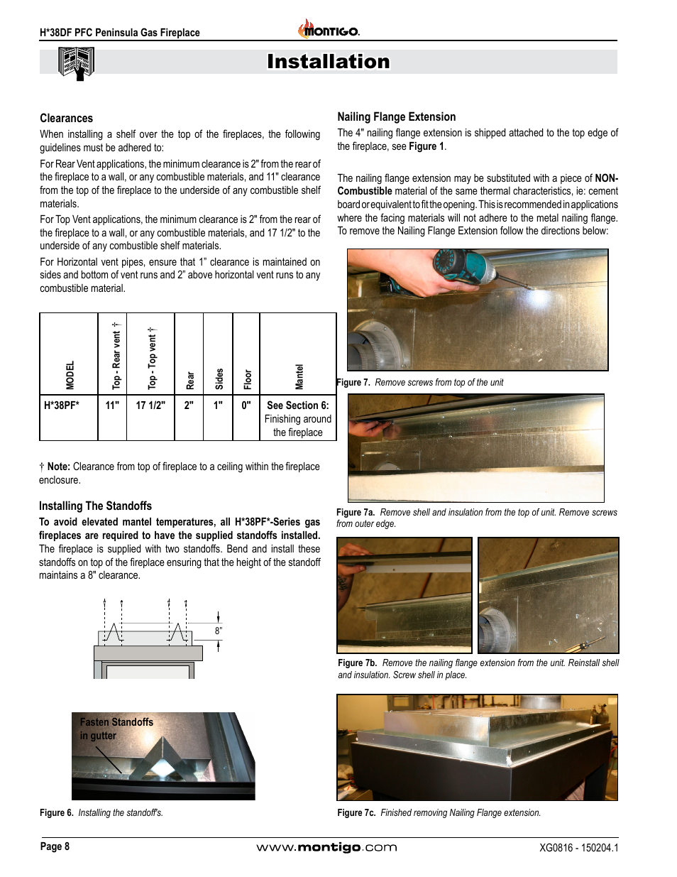 Clearances, Installing the standoffs, Nailing flange extension | Installing the standoffs nailing flange extension, Installation | Montigo H38DF PFC User Manual | Page 8 / 38