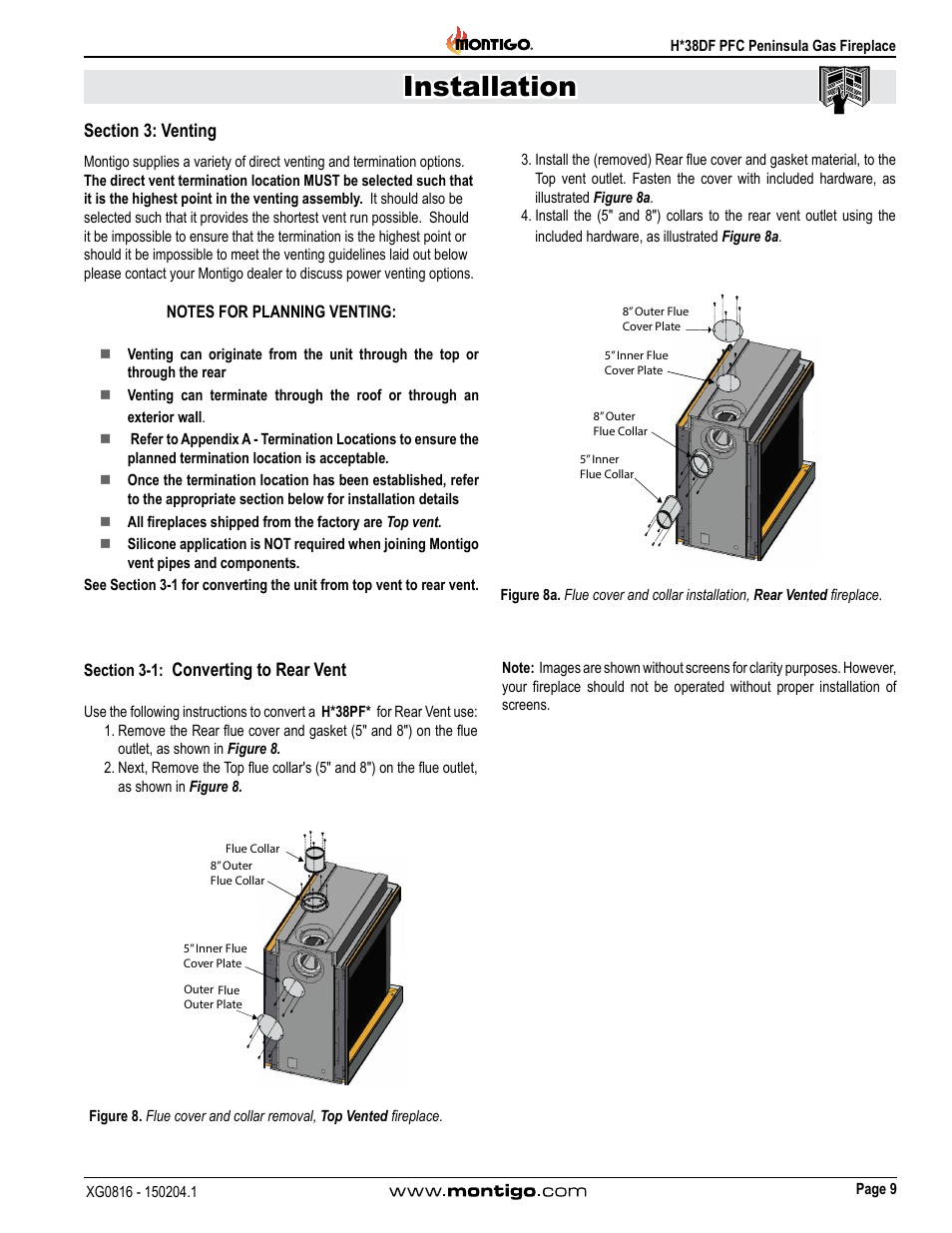 Section 3: venting, Section 3-1: converting to rear vent, Section 3-1 | Installation | Montigo H38DF PFC User Manual | Page 9 / 38