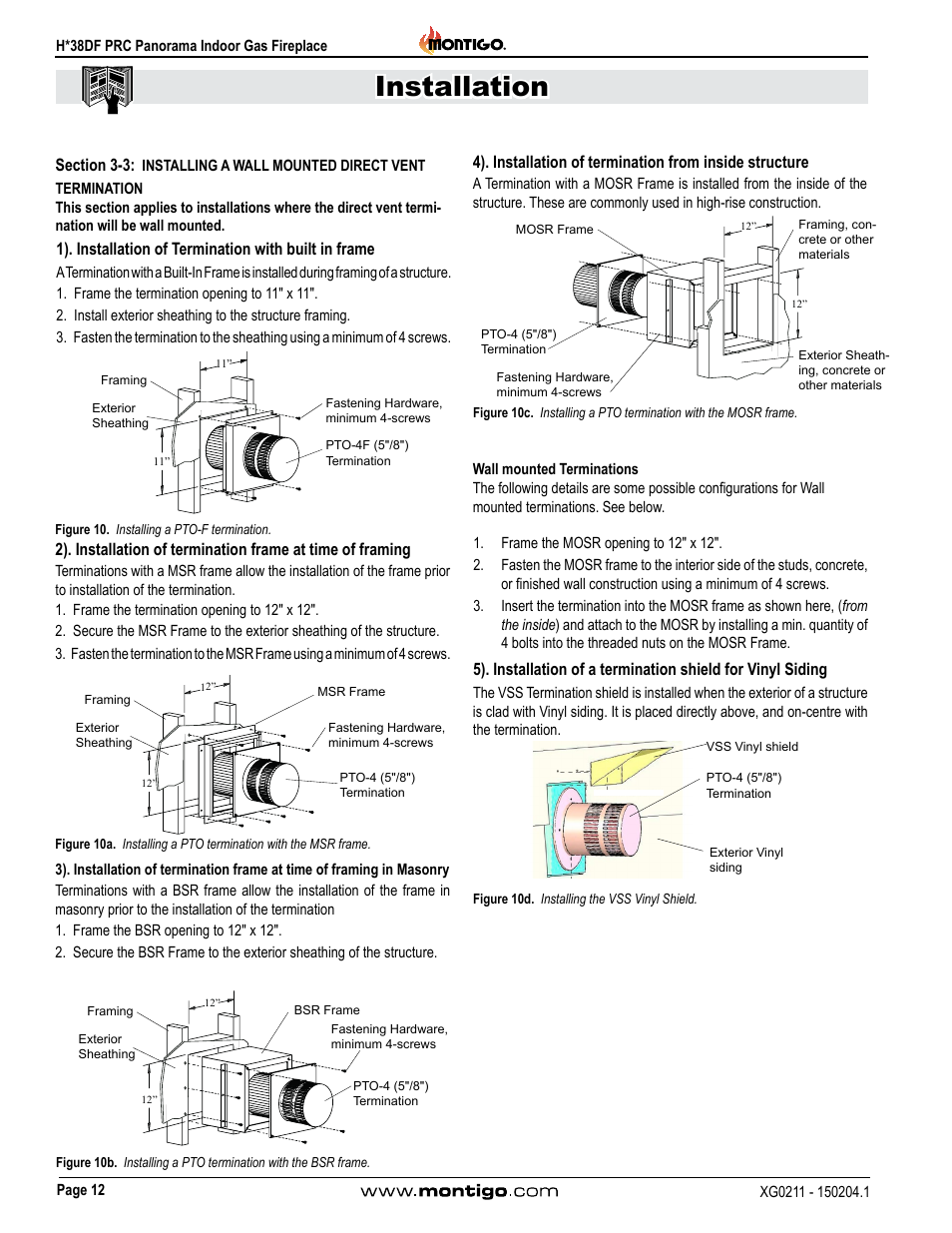 Section 3-3: installing a wall mounted direct vent, Section 3-3, Installing a wall mounted direct vent 12 | Installation | Montigo H38DF PRC User Manual | Page 12 / 38