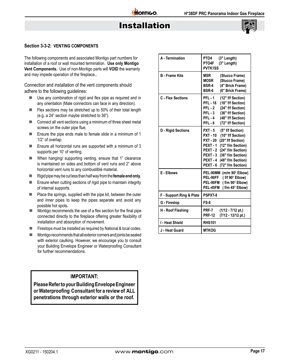Section 3-3-2: venting components, Installation | Montigo H38DF PRC User Manual | Page 17 / 38